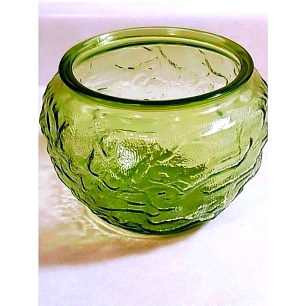 VINTAGE EO BRODY GREEN CRINKLE TEXTURED GLASS BOWL 5 x 5.5 G 108